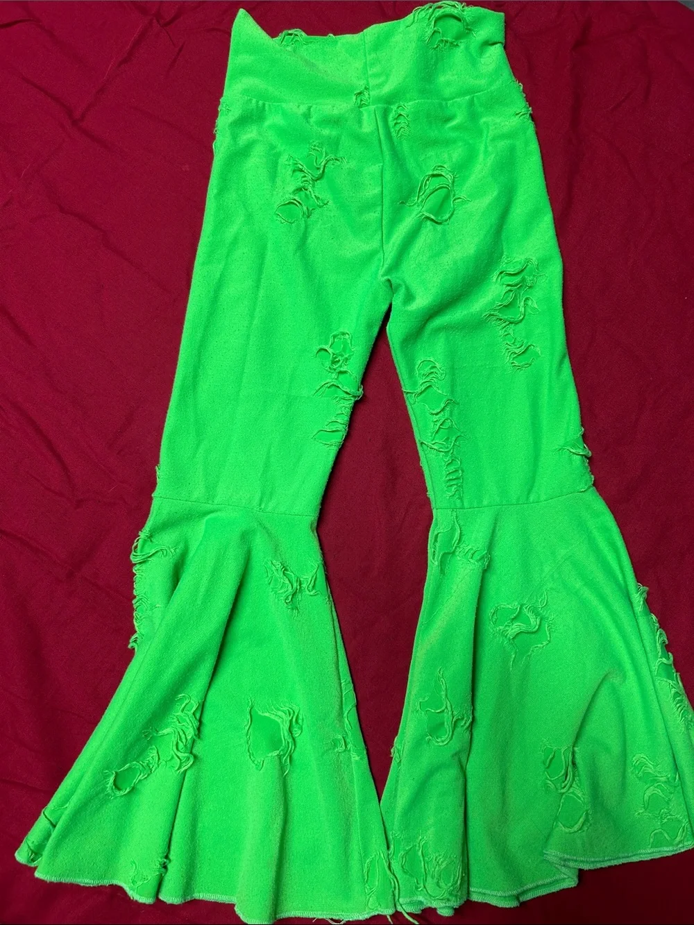 Bright Neon Green Distressed Bell-Bottom Pants
